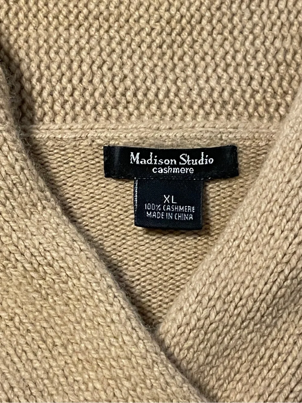MADISON STUDIO Women's XL Tan 100% Cashmere Shawl Collar Cable Knit Sweater Top - Picture 11 of 15